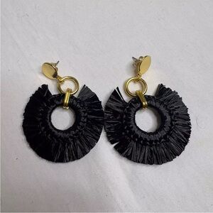 J.Crew Womens Raffia Fan Statement Earrings Black BX267